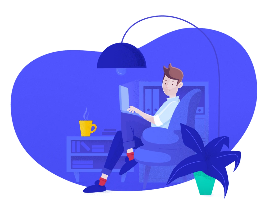 Illustration of a person relaxing in an armchair with a laptop